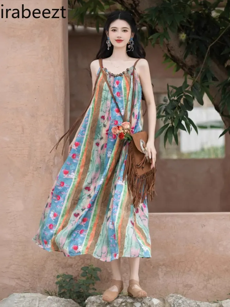 Large Size Fat Girl Bohemian Holiday Style Long Robe Female Summer Ethnic Tie-dye Floral Dress Suit Ethicka Womans Set