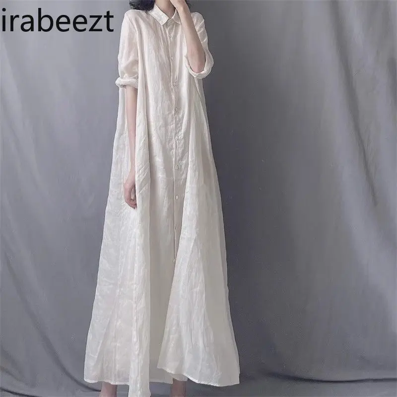 Women's Bohemian Linen Shirt Robe Loose Fit Oversize Flowy A-Line Blouse Dress with Turn-Down Collar Casual Long Sleeve Dresses
