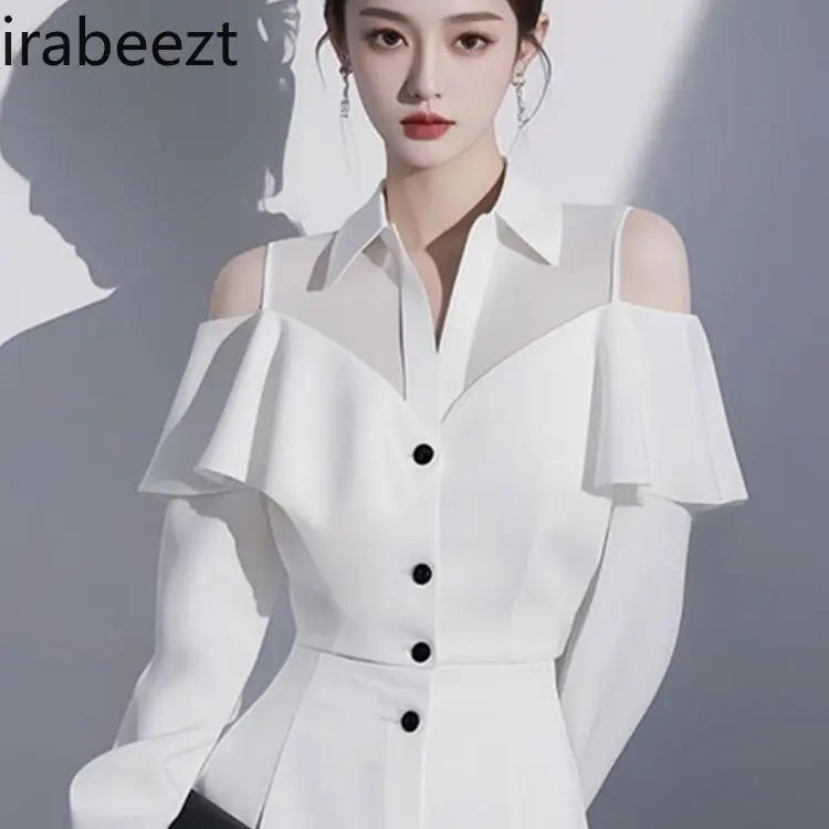 Spring Outfit High-end European Beautiful and Fashionable White Off-shoulder Shirt and Pants Suit 2 Piece Sets Womens Outfits
