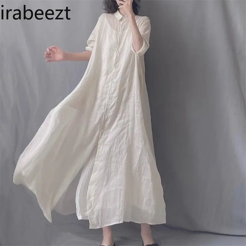 Women's Bohemian Linen Shirt Robe Loose Fit Oversize Flowy A-Line Blouse Dress with Turn-Down Collar Casual Long Sleeve Dresses