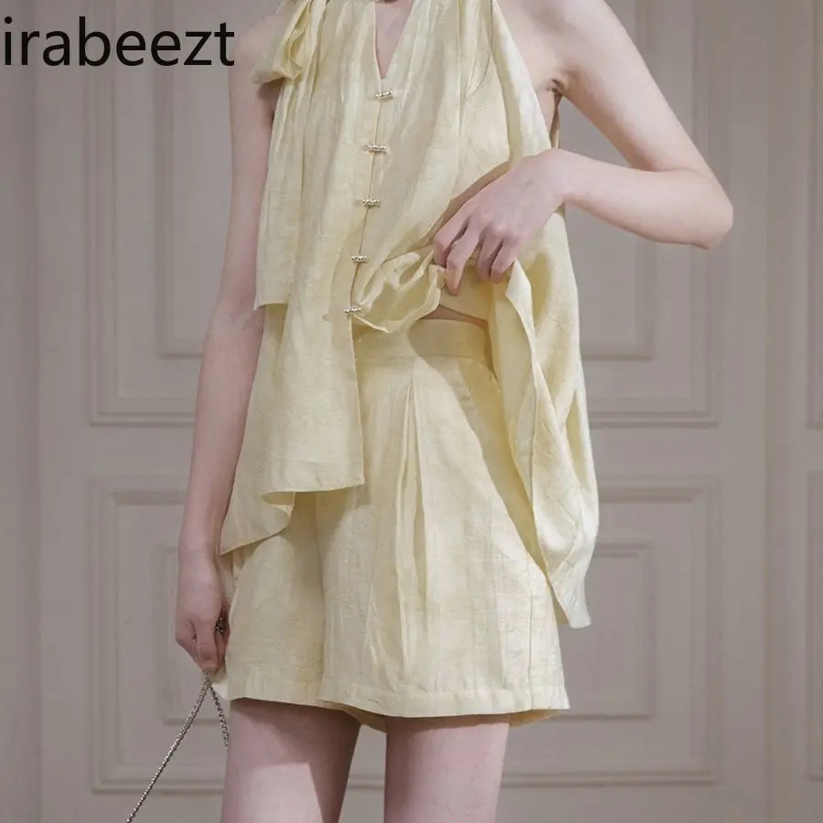 Mugwort Light Yellow Lenzing Modal Necktie Crop Top + Shorts Set | Multicolor Mood Feminine Casual Summer Dresses Women Clothing
