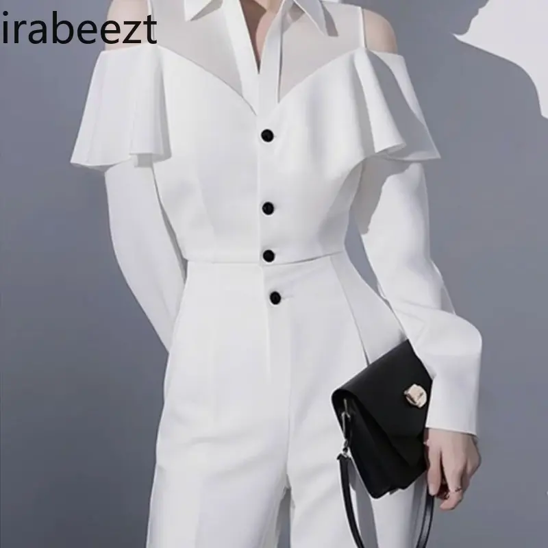 Spring Outfit High-end European Beautiful and Fashionable White Off-shoulder Shirt and Pants Suit 2 Piece Sets Womens Outfits