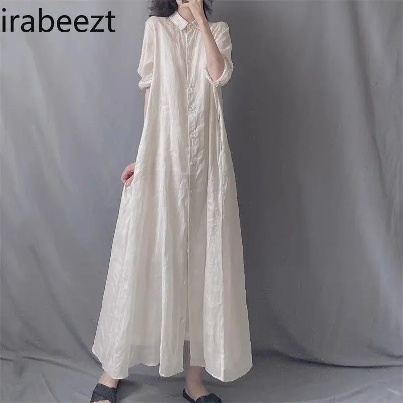 Women's Bohemian Linen Shirt Robe Loose Fit Oversize Flowy A-Line Blouse Dress with Turn-Down Collar Casual Long Sleeve Dresses