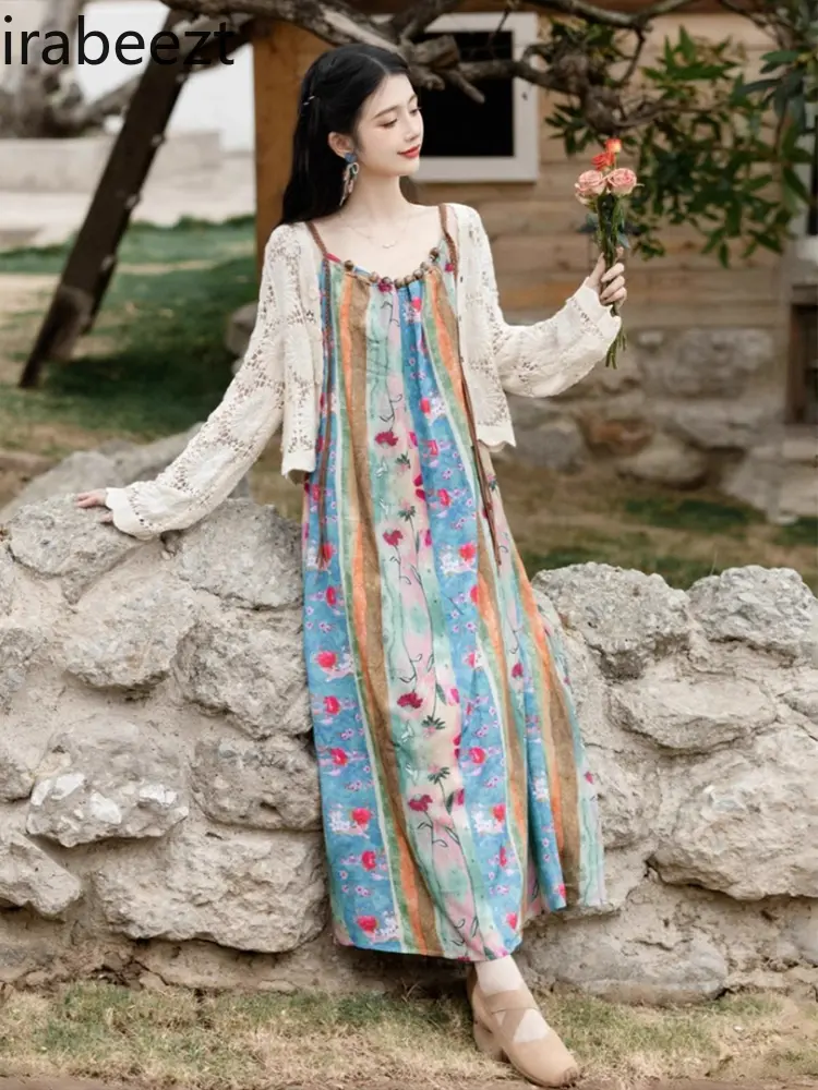 Large Size Fat Girl Bohemian Holiday Style Long Robe Female Summer Ethnic Tie-dye Floral Dress Suit Ethicka Womans Set