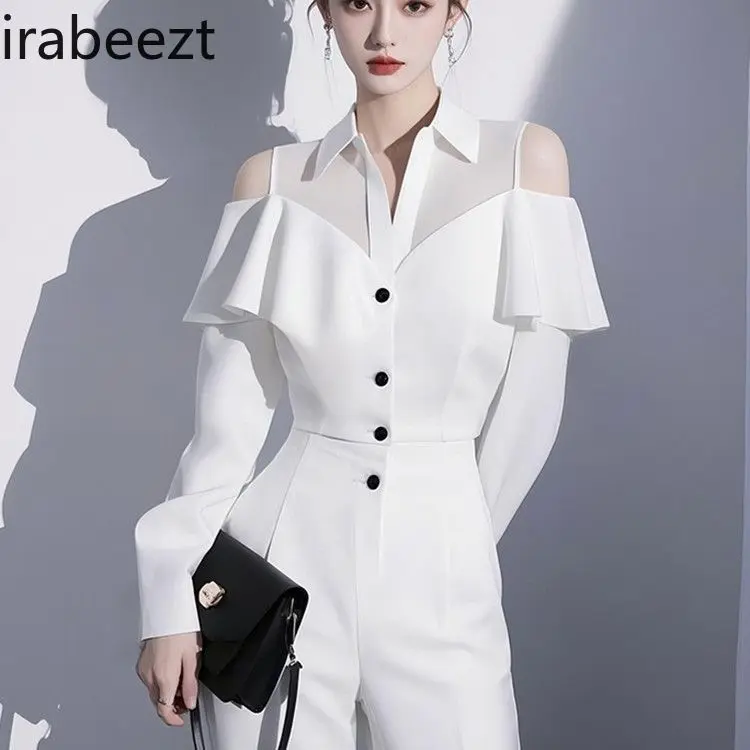 Spring Outfit High-end European Beautiful and Fashionable White Off-shoulder Shirt and Pants Suit 2 Piece Sets Womens Outfits
