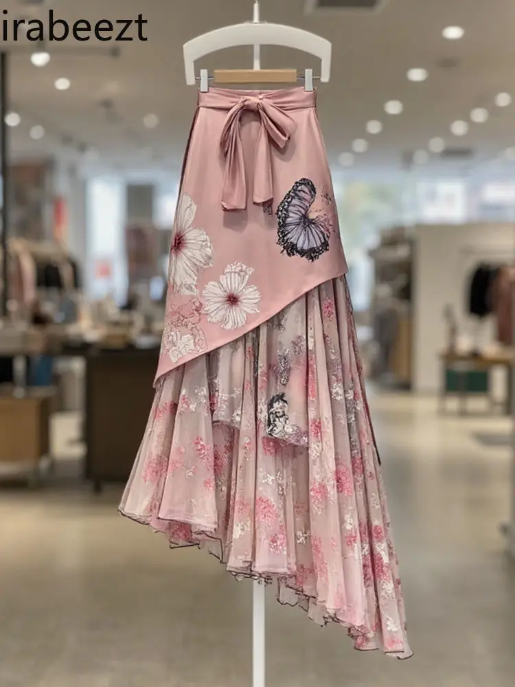 Elegant Pink Layered Skirt Women Summer New Retro French Style Ruffle High Waist A-Line Midi Skirt Casual Chic Feminine Outfit
