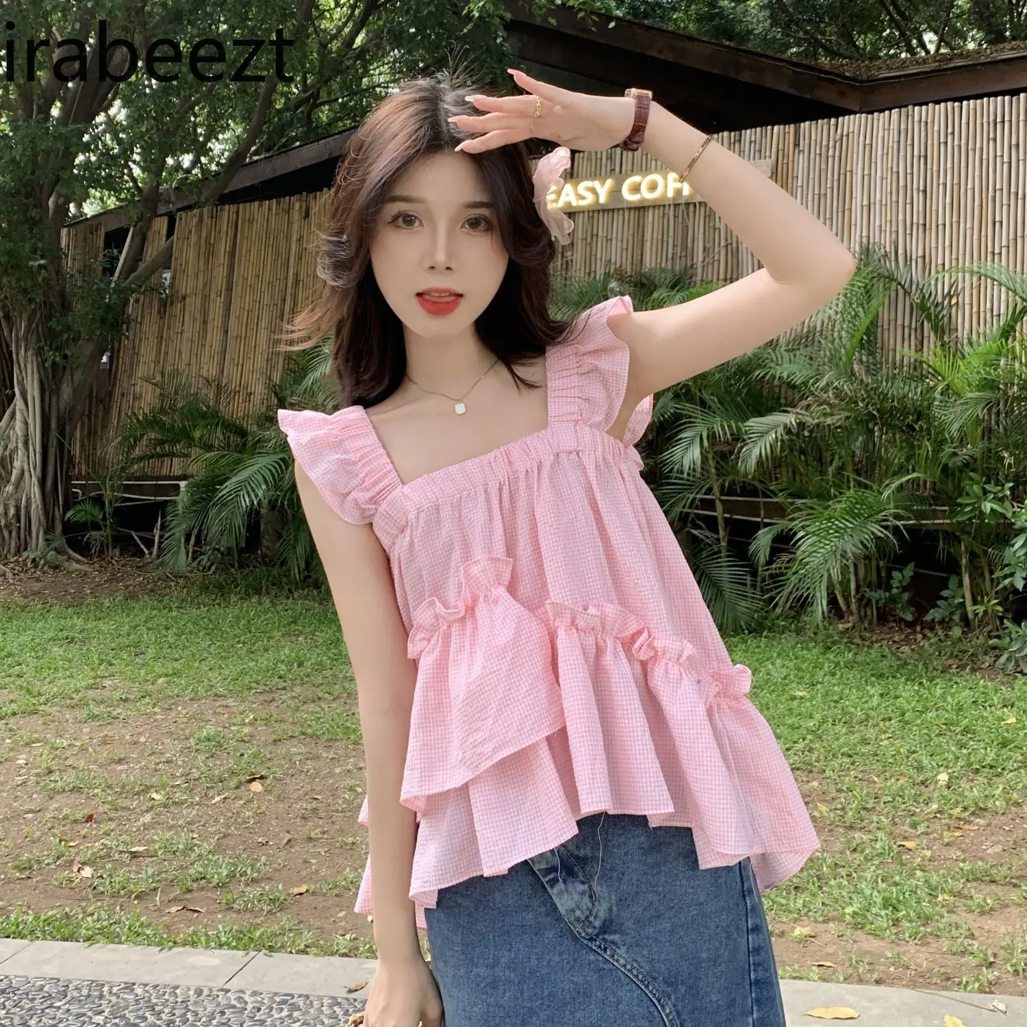 Sweet Pink Gingham Babydoll Puff Sleeve Dress Women's Summer Cute Off Shoulder Casual Loose Fit Sleeveless Top with Bow Tie