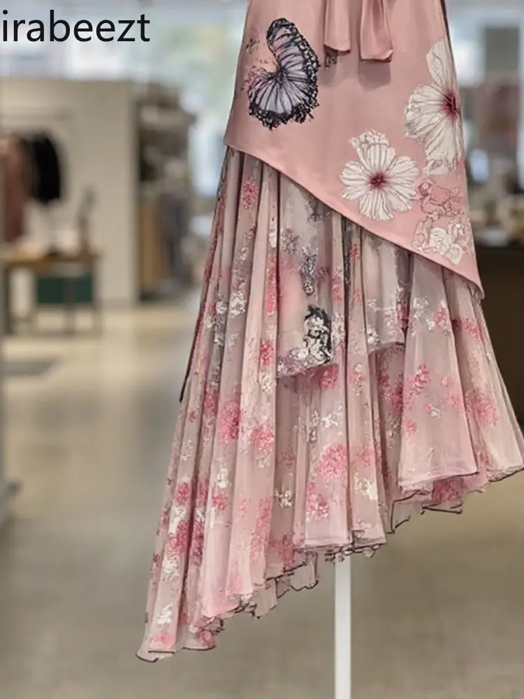 Elegant Pink Layered Skirt Women Summer New Retro French Style Ruffle High Waist A-Line Midi Skirt Casual Chic Feminine Outfit