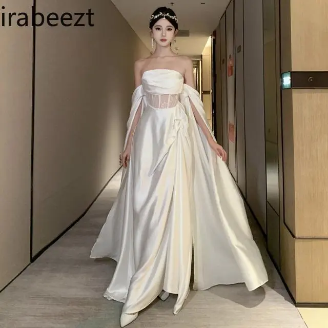 Elegant Audrey Hepburn Style French Satin Illusion Bodice Mermaid Dress - Fairy Bridal Morning Gown for Vacation Evening Party