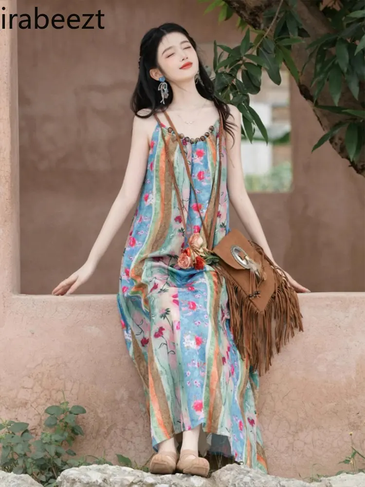 Large Size Fat Girl Bohemian Holiday Style Long Robe Female Summer Ethnic Tie-dye Floral Dress Suit Ethicka Womans Set