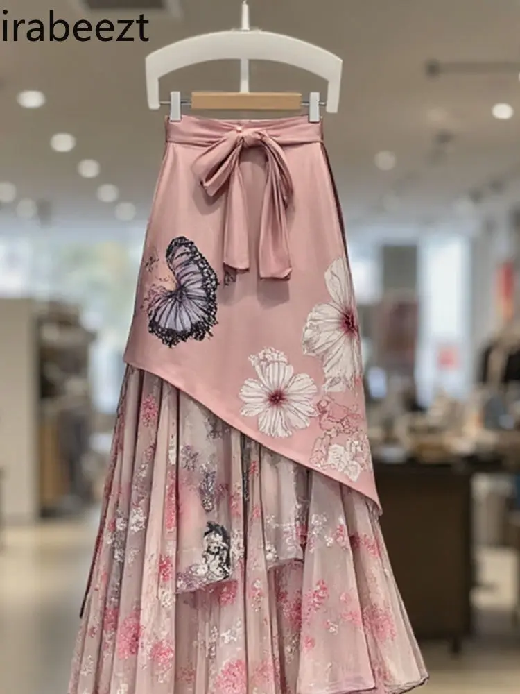 Elegant Pink Layered Skirt Women Summer New Retro French Style Ruffle High Waist A-Line Midi Skirt Casual Chic Feminine Outfit