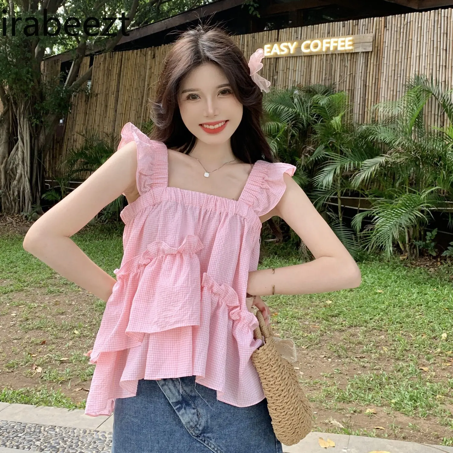 Sweet Pink Gingham Babydoll Puff Sleeve Dress Women's Summer Cute Off Shoulder Casual Loose Fit Sleeveless Top with Bow Tie
