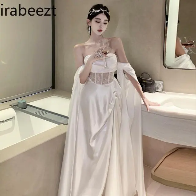 Elegant Audrey Hepburn Style French Satin Illusion Bodice Mermaid Dress - Fairy Bridal Morning Gown for Vacation Evening Party