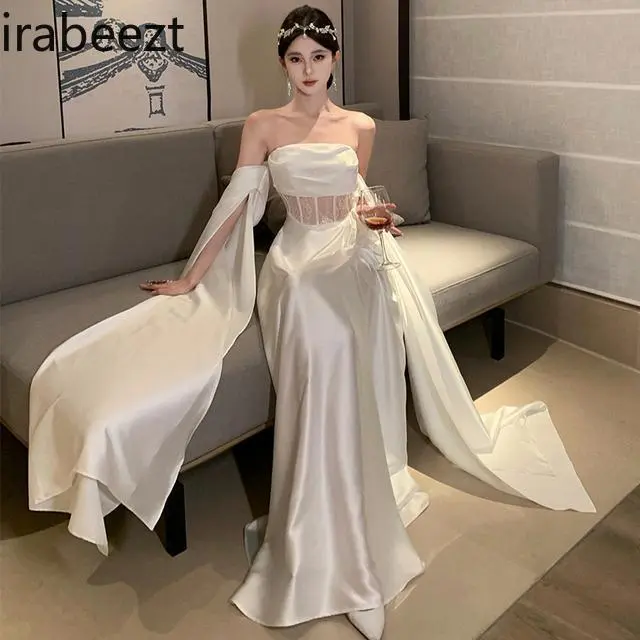Elegant Audrey Hepburn Style French Satin Illusion Bodice Mermaid Dress - Fairy Bridal Morning Gown for Vacation Evening Party