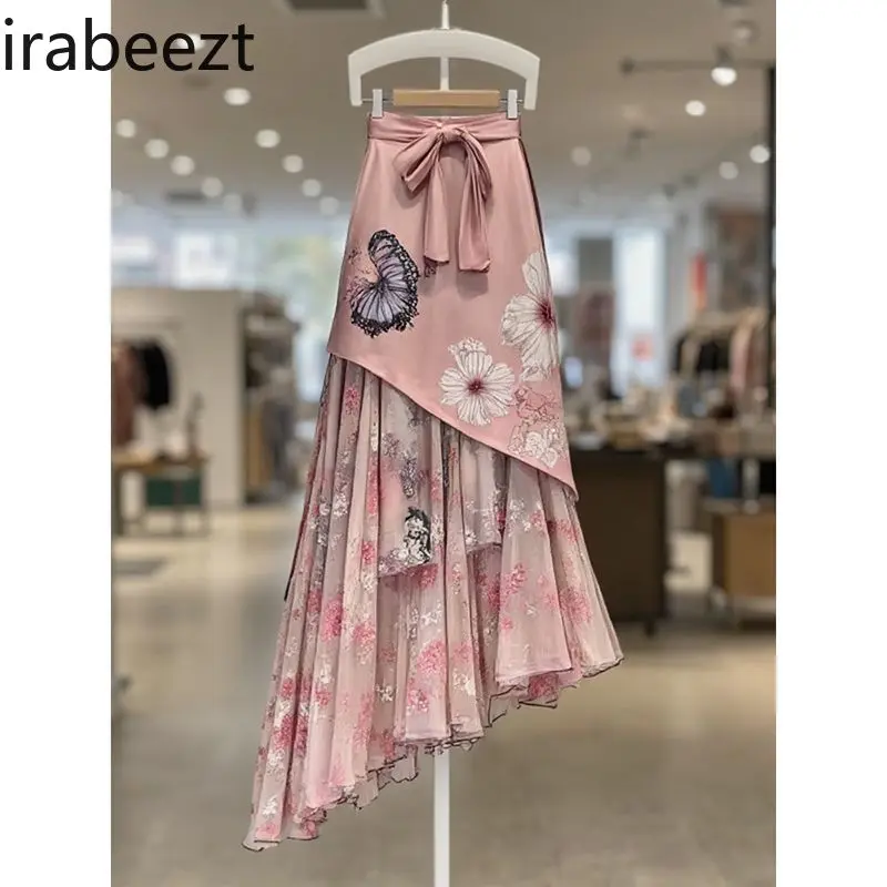 Elegant Pink Layered Skirt Women Summer New Retro French Style Ruffle High Waist A-Line Midi Skirt Casual Chic Feminine Outfit