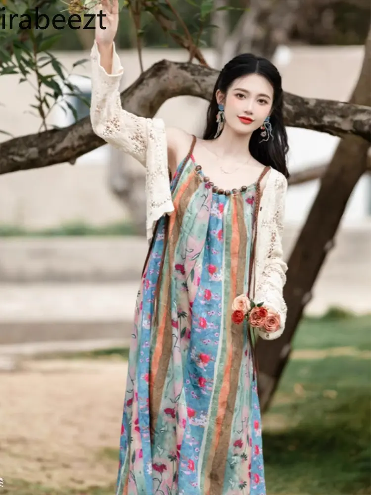 Large Size Fat Girl Bohemian Holiday Style Long Robe Female Summer Ethnic Tie-dye Floral Dress Suit Ethicka Womans Set