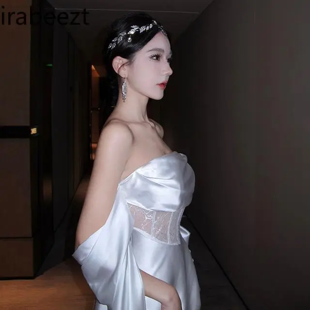 Elegant Audrey Hepburn Style French Satin Illusion Bodice Mermaid Dress - Fairy Bridal Morning Gown for Vacation Evening Party