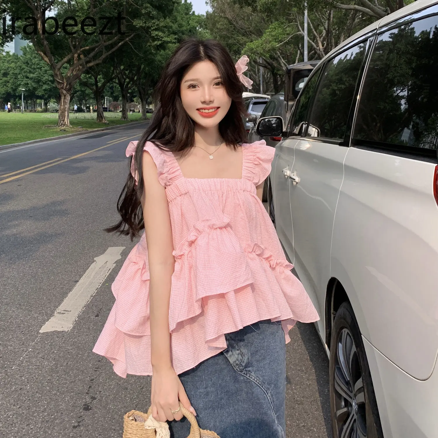 Sweet Pink Gingham Babydoll Puff Sleeve Dress Women's Summer Cute Off Shoulder Casual Loose Fit Sleeveless Top with Bow Tie