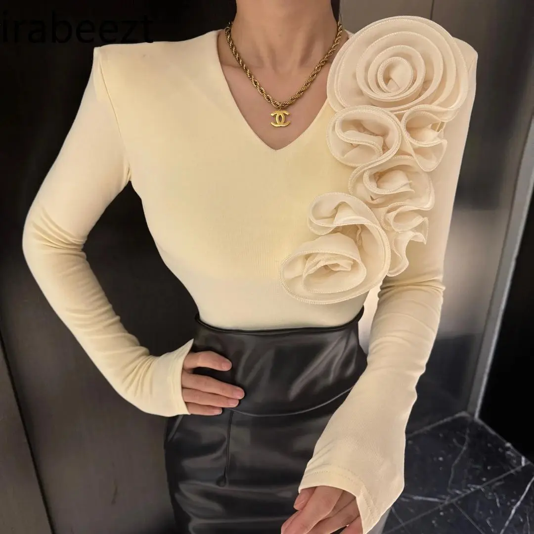 Elegant French Style 3D Floral Embroidered V-Neck Long Sleeve T-Shirt Women's 2025 Autumn Winter Fashion Blouse Casual Tops