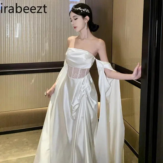 Elegant Audrey Hepburn Style French Satin Illusion Bodice Mermaid Dress - Fairy Bridal Morning Gown for Vacation Evening Party