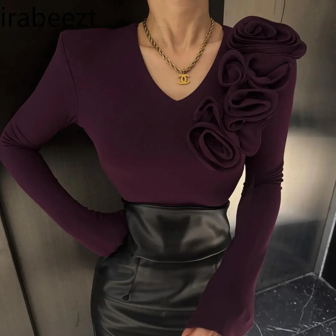 Elegant French Style 3D Floral Embroidered V-Neck Long Sleeve T-Shirt Women's 2025 Autumn Winter Fashion Blouse Casual Tops