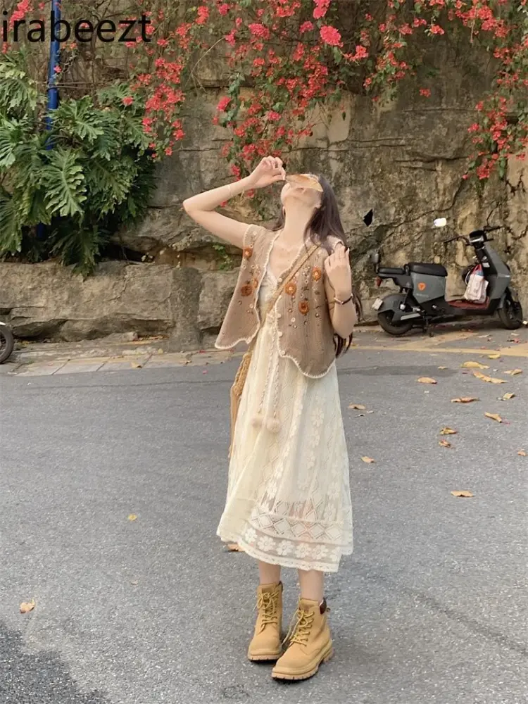 Slim Long Cinjunto De Dos Piezas Mujer 2025 Summer New Bohemian Embroidery Knitted Vest Hollow Suspender Dress