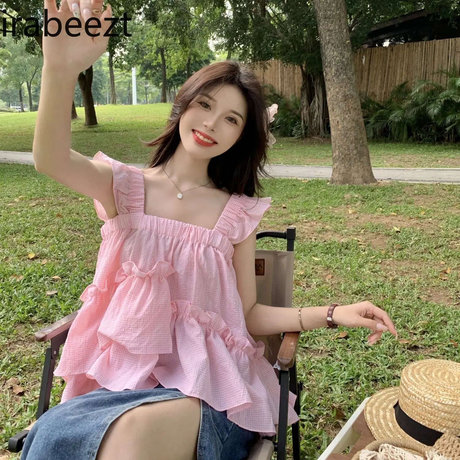 Sweet Pink Gingham Babydoll Puff Sleeve Dress Women's Summer Cute Off Shoulder Casual Loose Fit Sleeveless Top with Bow Tie