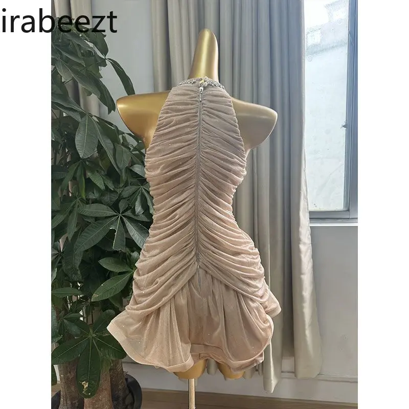 French Elegant Bodycon A-Line Ruffled Dress with Crystal Rhinestones - Sexy Party Wear for Women Luxury Mini Party Gown
