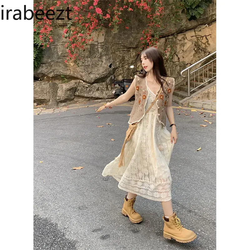 Slim Long Cinjunto De Dos Piezas Mujer 2025 Summer New Bohemian Embroidery Knitted Vest Hollow Suspender Dress