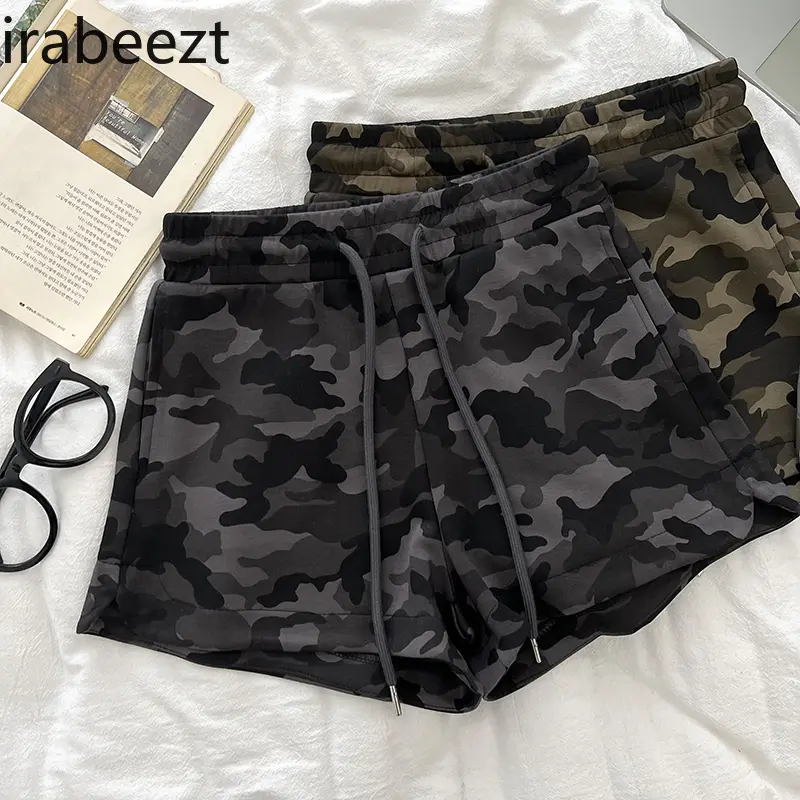 Loose Fit Camo Shorts - High-Waisted Elastic Drawstring Hip-Hugger Pants Loose Wide Leg Trousers for Women Casual Streetwear