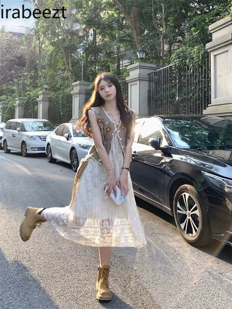 Slim Long Cinjunto De Dos Piezas Mujer 2025 Summer New Bohemian Embroidery Knitted Vest Hollow Suspender Dress