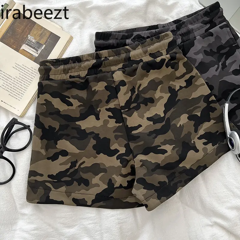 Loose Fit Camo Shorts - High-Waisted Elastic Drawstring Hip-Hugger Pants Loose Wide Leg Trousers for Women Casual Streetwear