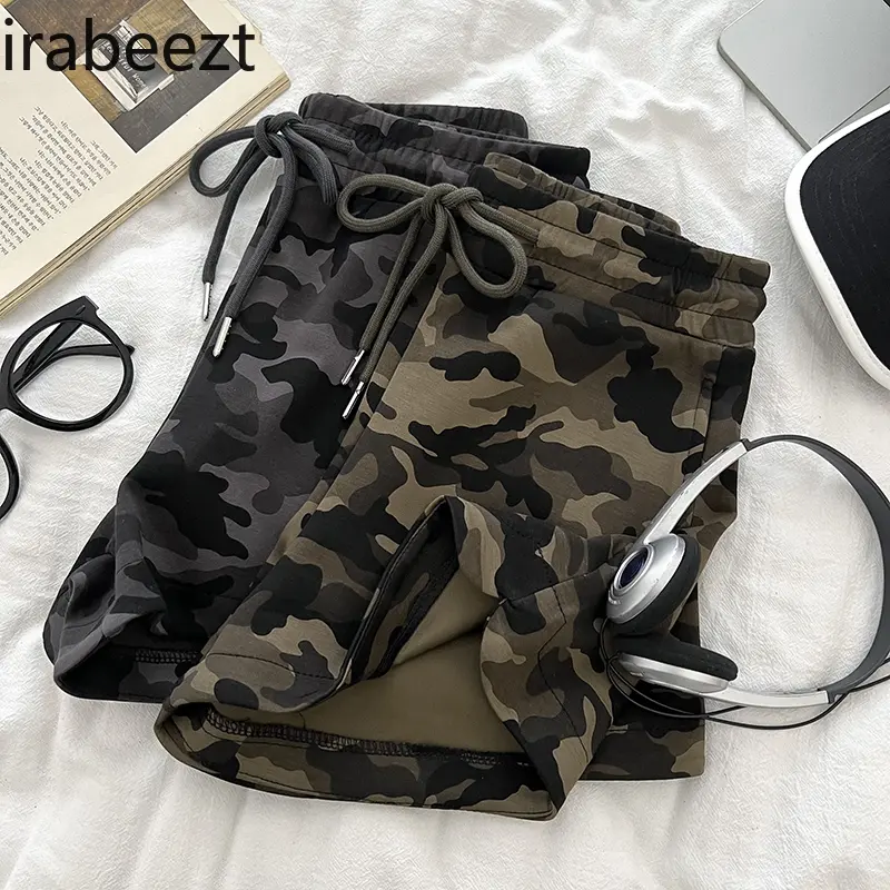 Loose Fit Camo Shorts - High-Waisted Elastic Drawstring Hip-Hugger Pants Loose Wide Leg Trousers for Women Casual Streetwear