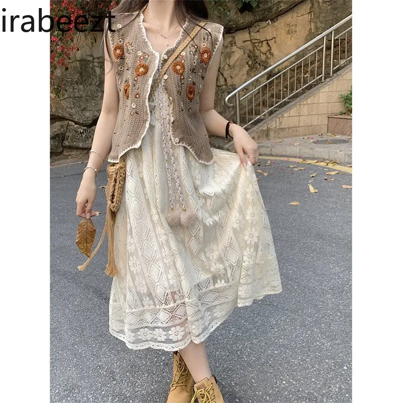Slim Long Cinjunto De Dos Piezas Mujer 2025 Summer New Bohemian Embroidery Knitted Vest Hollow Suspender Dress