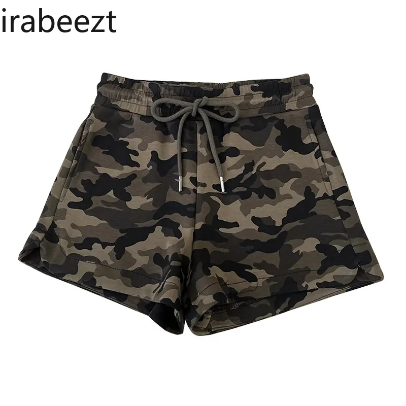 Loose Fit Camo Shorts - High-Waisted Elastic Drawstring Hip-Hugger Pants Loose Wide Leg Trousers for Women Casual Streetwear