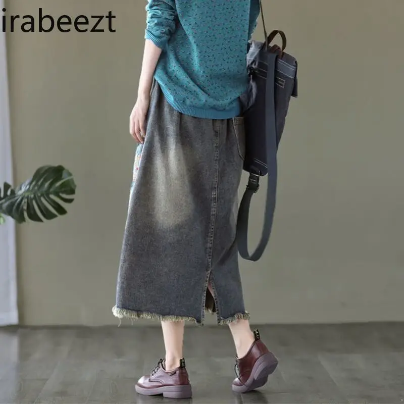 Women's Spring Vintage Embroidered Denim Skirt with Large Pockets Distressed Hem Tie Waist A-Line Midi Skirt Casual High Waist