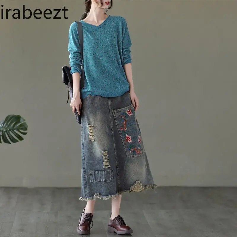 Women's Spring Vintage Embroidered Denim Skirt with Large Pockets Distressed Hem Tie Waist A-Line Midi Skirt Casual High Waist