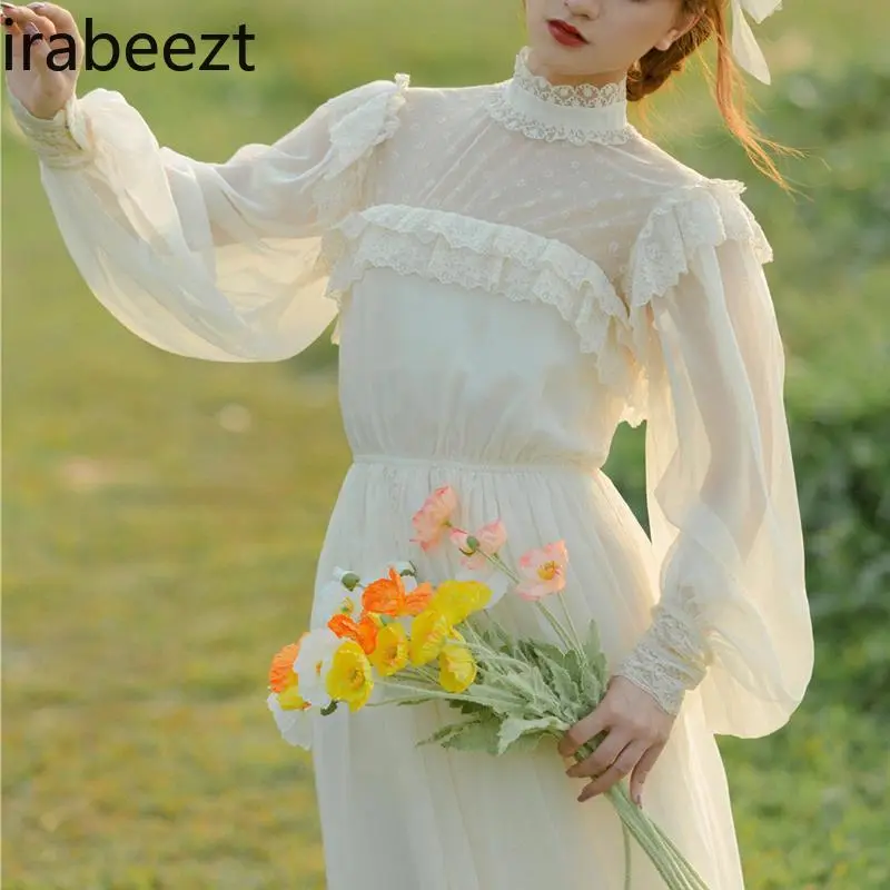 Elegant Vintage Chiffon Lace Dress with High Neck & Princess Skirt Butterfly Back Bow Flowy A-Line Vestidos De Mujer