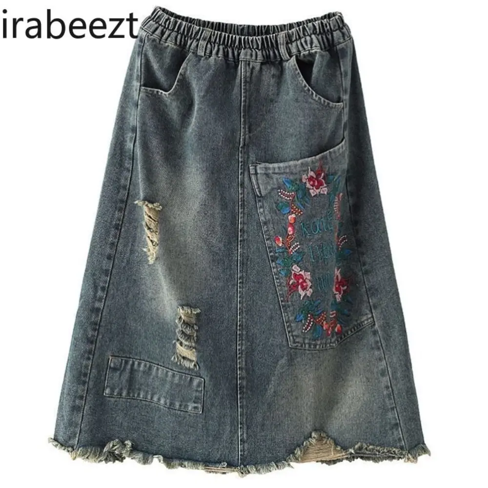 Women's Spring Vintage Embroidered Denim Skirt with Large Pockets Distressed Hem Tie Waist A-Line Midi Skirt Casual High Waist