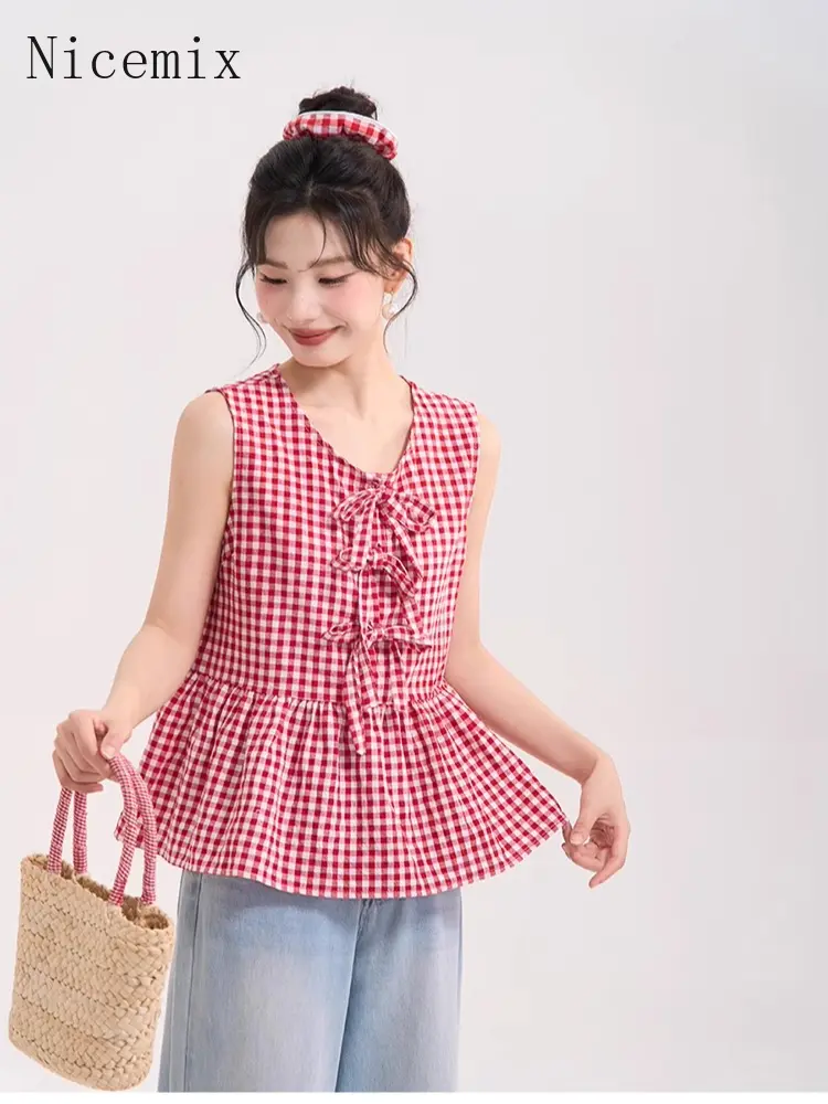Women's Bow Tie Plaid Vest Shirt Summer Cute Blouse Tops Loose Casual Chic Feminine Tee 2025 New Blusas Femininas Elegantes