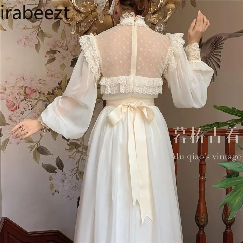 Elegant Vintage Chiffon Lace Dress with High Neck & Princess Skirt Butterfly Back Bow Flowy A-Line Vestidos De Mujer