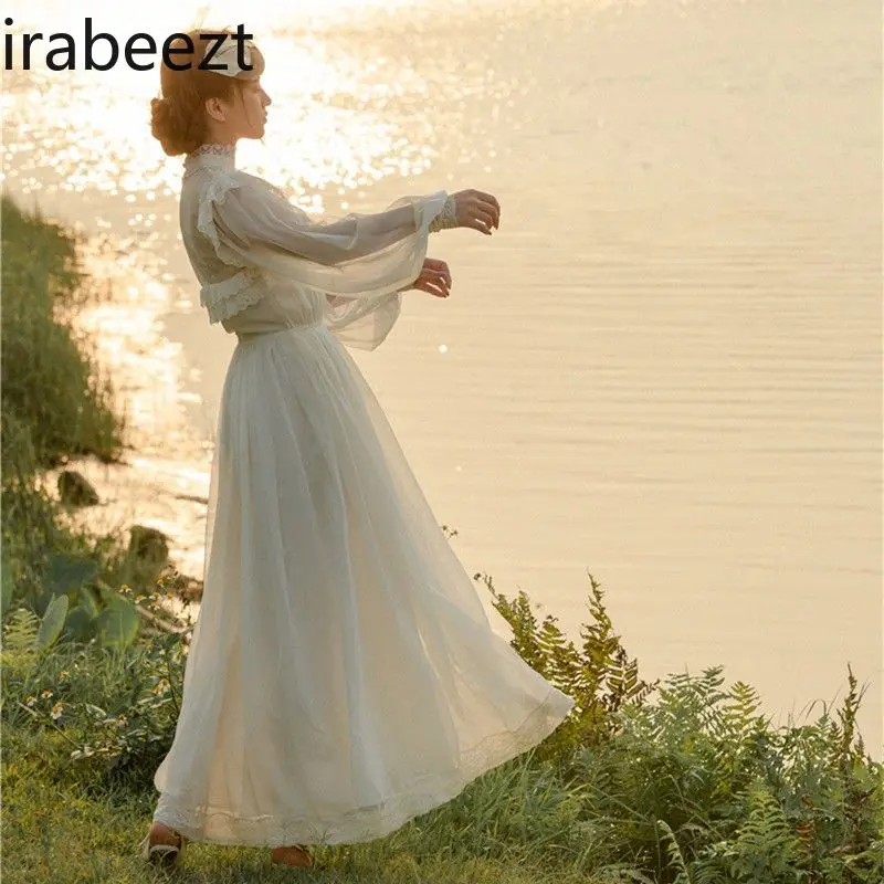 Elegant Vintage Chiffon Lace Dress with High Neck & Princess Skirt Butterfly Back Bow Flowy A-Line Vestidos De Mujer