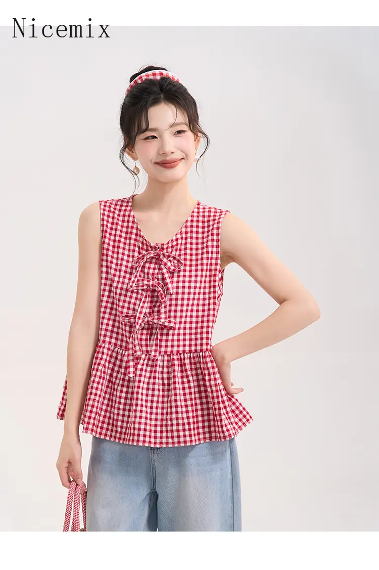 Women's Bow Tie Plaid Vest Shirt Summer Cute Blouse Tops Loose Casual Chic Feminine Tee 2025 New Blusas Femininas Elegantes