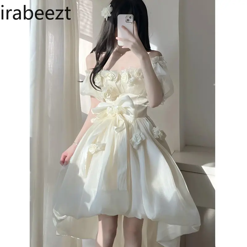 2025 New French Floral Strapless Dress Women Summer Sweet Princess Tea Party A-line Slim Fit Elegant Vintage Sleeveless