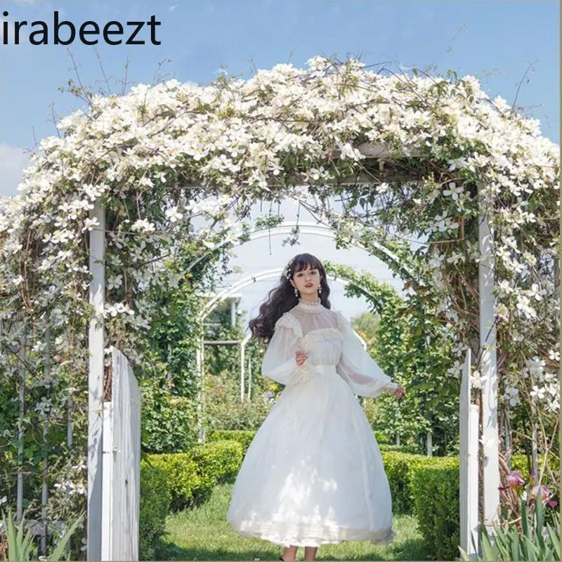 Elegant Vintage Chiffon Lace Dress with High Neck & Princess Skirt Butterfly Back Bow Flowy A-Line Vestidos De Mujer