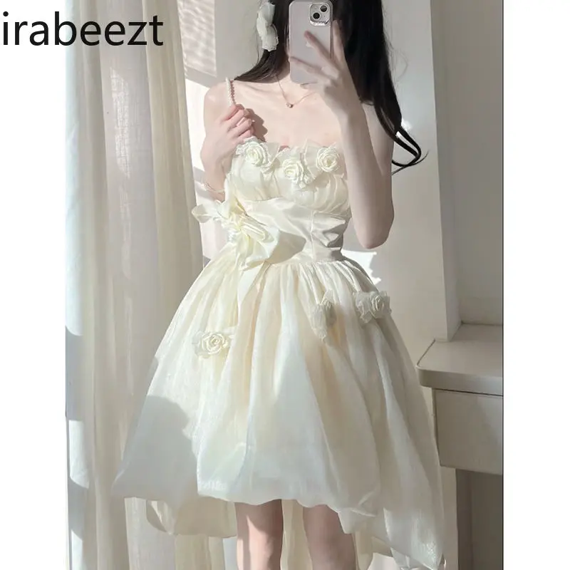 2025 New French Floral Strapless Dress Women Summer Sweet Princess Tea Party A-line Slim Fit Elegant Vintage Sleeveless