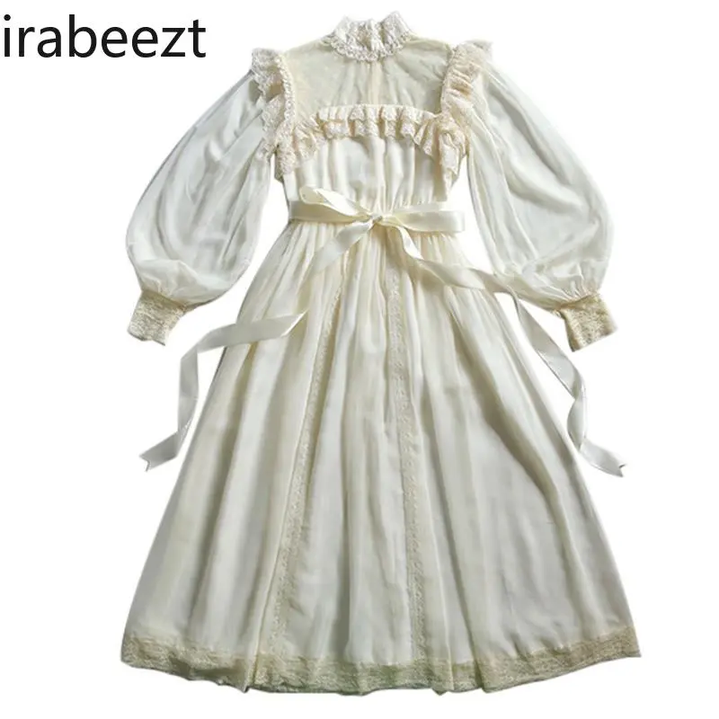 Elegant Vintage Chiffon Lace Dress with High Neck & Princess Skirt Butterfly Back Bow Flowy A-Line Vestidos De Mujer