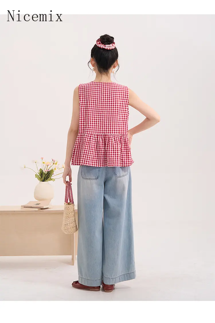 Women's Bow Tie Plaid Vest Shirt Summer Cute Blouse Tops Loose Casual Chic Feminine Tee 2025 New Blusas Femininas Elegantes