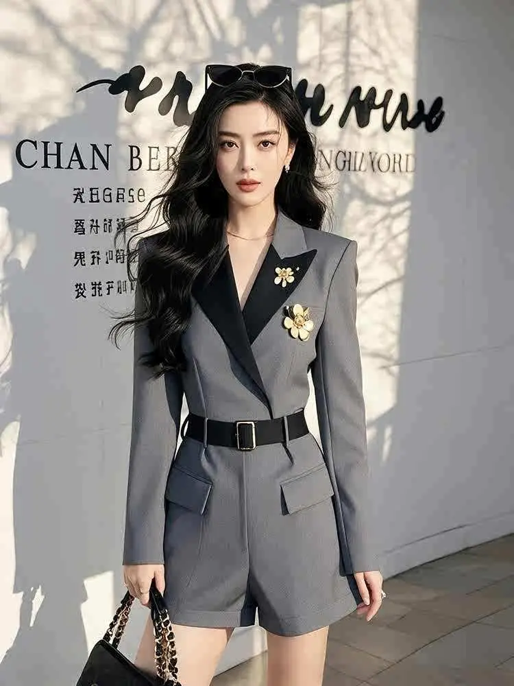Women's 2025 Spring Popular High-end Feeling Super Good-looking Temperament Elegant Style Gray Splicing Suit Jumpsuit