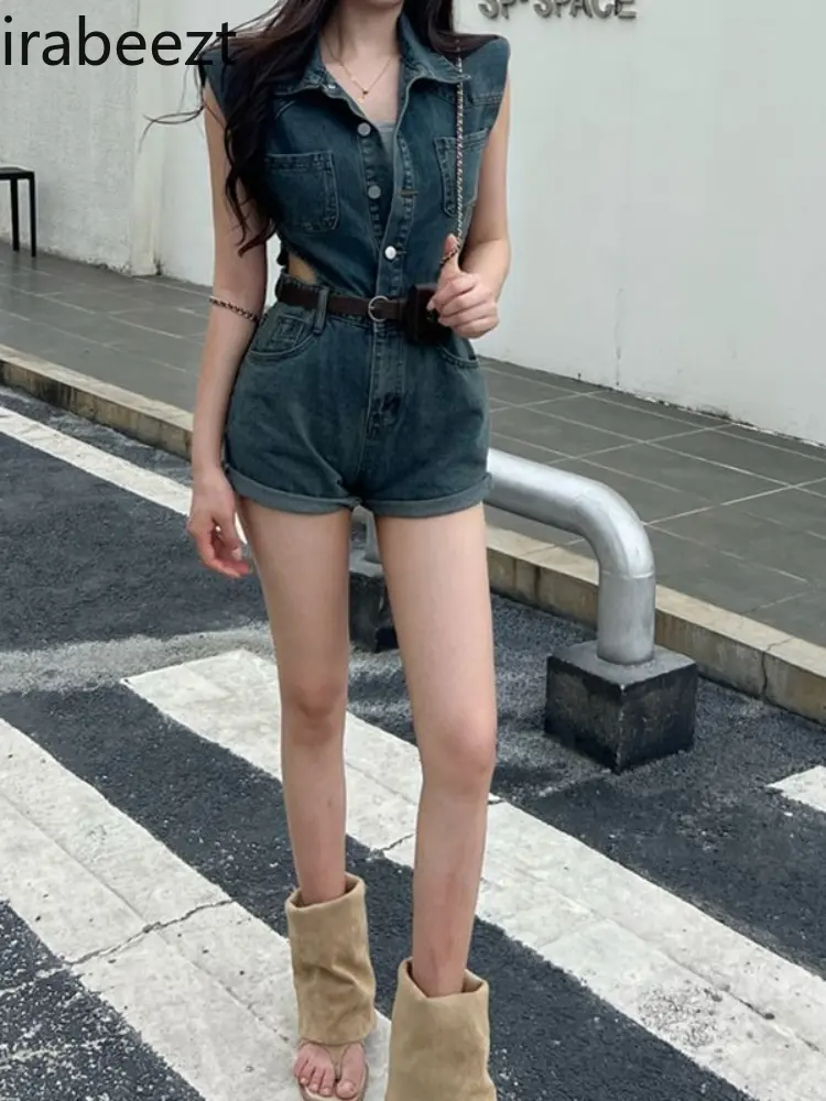 Retro Lapel Blue Waist Jumpsuit for Women 2025 New Summer Loose Shoulder Pad Wide Leg Denim Shorts Casual Slim Fit Bodysuit